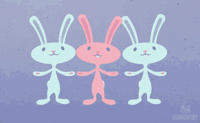 three rabbits are standing next to each other on a purple background with the word ecardmint on the bottom right
