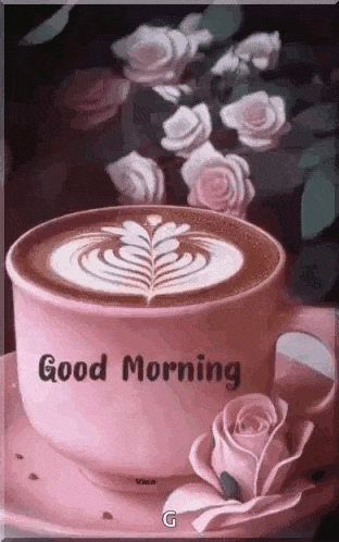 a cup of coffee with a rose on a saucer and the words `` good morning '' on it .