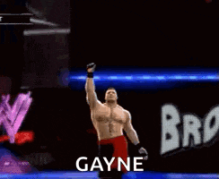 a wrestler named gayne is standing on a stage with his hands in the air