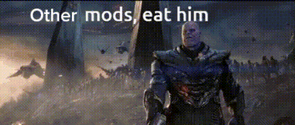 a man in armor is standing in front of a crowd of people with the words `` other mods eat him '' .