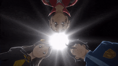 a group of anime characters looking up at a bright light