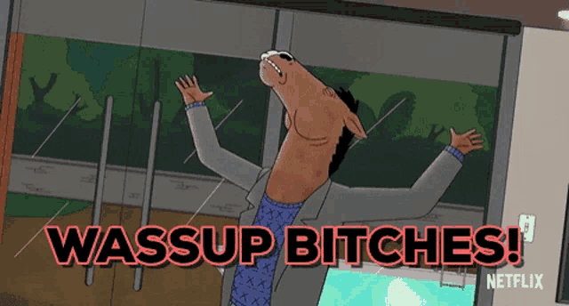 a cartoon of a horse with the words wassup bitches on it