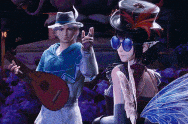 a man playing a guitar next to a woman wearing a top hat and sunglasses