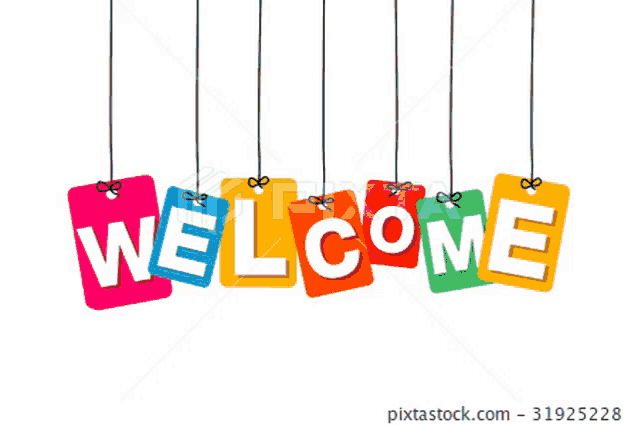 the word welcome is written in colorful cards hanging from strings