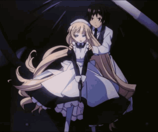 a girl in a maid outfit is being held by a man with a gun
