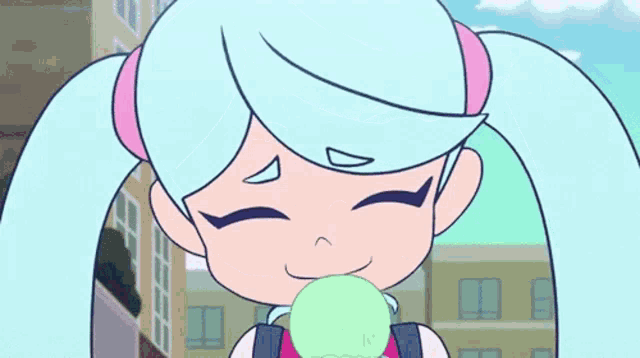a cartoon girl with blue hair is eating a green ice cream cone