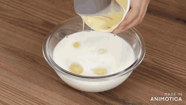 a person pouring liquid into a glass bowl that says made in animonica