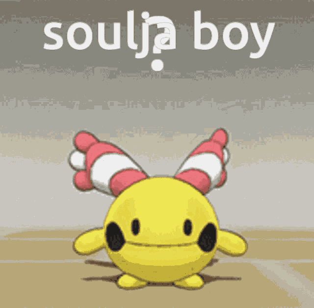 a yellow and pink cartoon character with the words soulja boy written above it