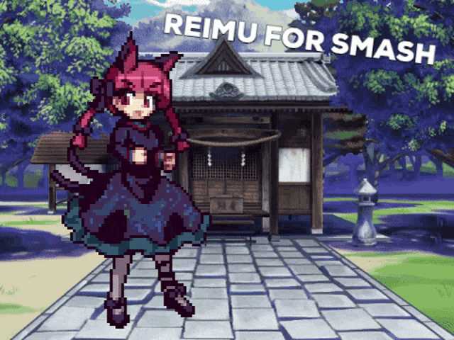 a pixel art of a girl standing in front of a building with the words reimu for smash