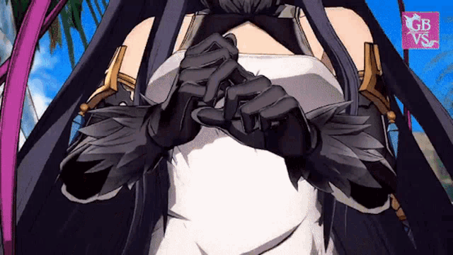 a close up of a woman 's breast in a video game with a gb vs logo in the background
