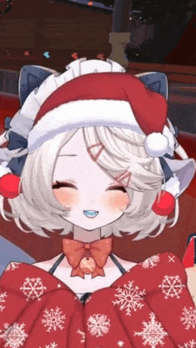 a girl with white hair is wearing a santa hat and a red dress with snowflakes on it .