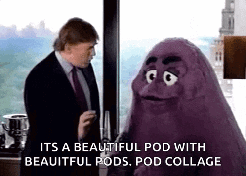 a man in a suit and tie is talking to a purple monster with googly eyes