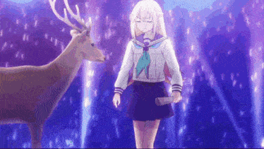 a girl in a school uniform is standing next to a deer