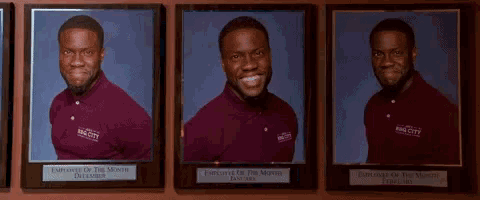 four pictures of a man wearing a maroon shirt that says big city