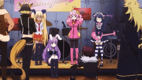 a group of anime characters standing in front of a sign that says ' hatsune miku ' on it