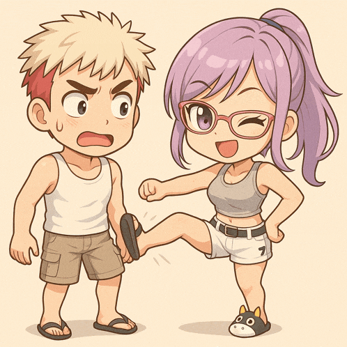 a cartoon drawing of a girl kicking a boy 's foot