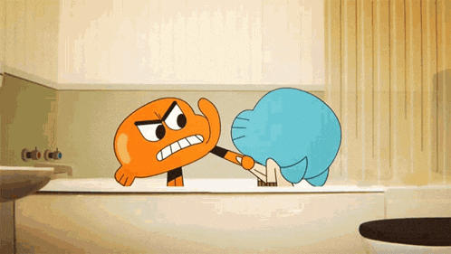 gumball and darwin from the amazing world of gumball are fighting in the bathtub