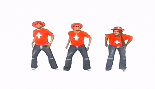 a group of men in red shirts with swiss crosses on them are dancing together