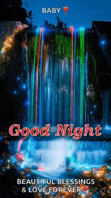 a picture of a waterfall with the words good night beautiful blessings & love forever