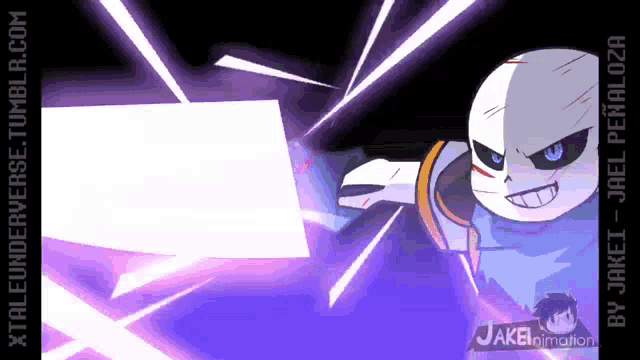 a cartoon of a skeleton with blue eyes and a purple background says jakei animation