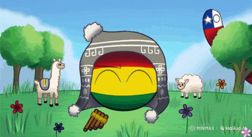 a cartoon drawing of a llama a sheep and a ball with the letters ppp on it