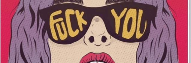 a woman wearing sunglasses with the words fuck you written on them