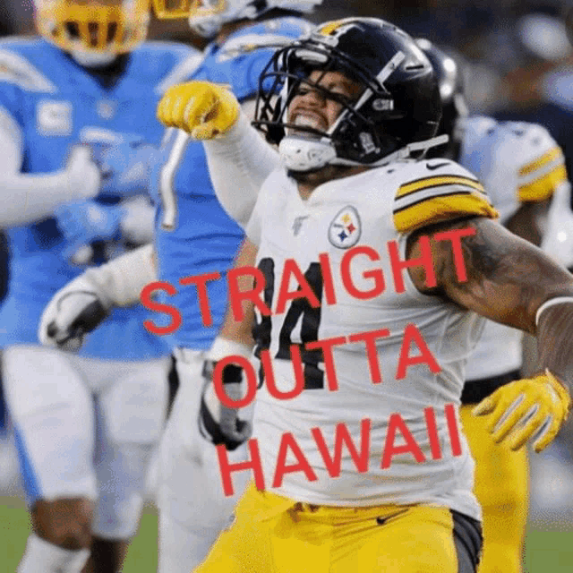 a football player wearing a jersey that says straight outta hawaii on it