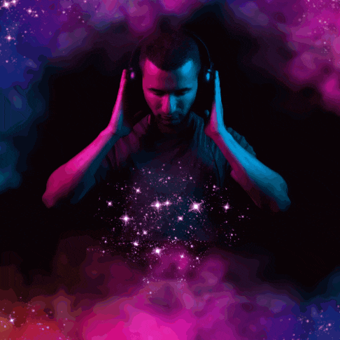 a man wearing headphones is surrounded by neon lights and the word welcome