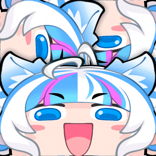 a cartoon drawing of a girl with blue and pink hair making a funny face