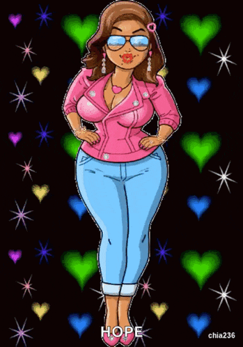 a cartoon of a woman wearing sunglasses and a pink jacket with the words hope written below her