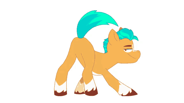 a cartoon pony with a blue mane and tail is walking