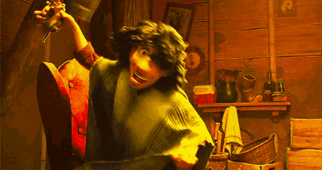 a cartoon character is sitting in a chair holding a hammer
