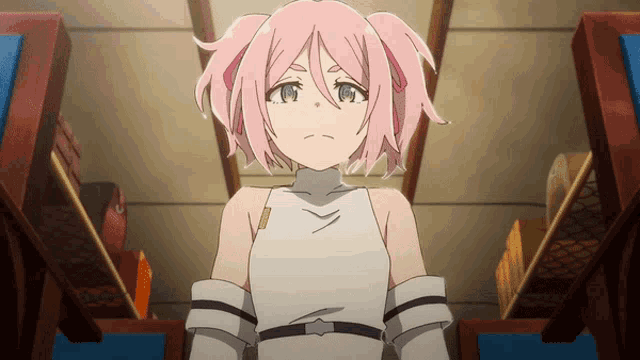 a girl with pink hair is standing in a closet