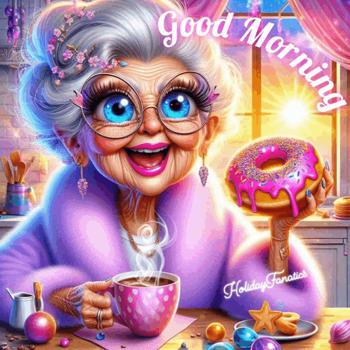 an illustration of an elderly woman holding a donut and a cup of coffee with the words good morning written above her