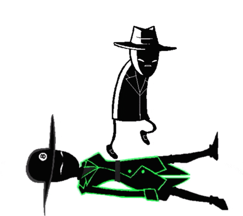a black and white cartoon of a man in a hat standing over another man laying on the ground