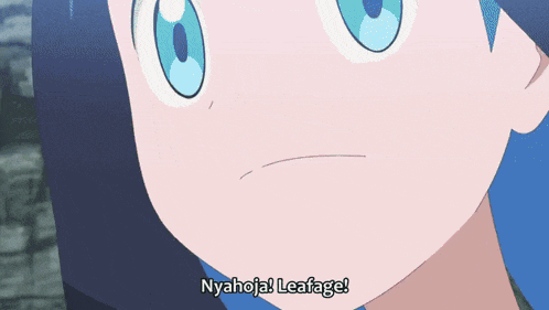 a girl with blue hair says " nyahoja leafage " in a cartoon