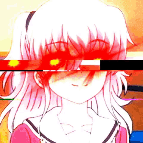 a girl with white hair and red eyes has a glitch effect on her face .
