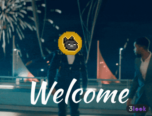 a welcome sign with a man in a suit