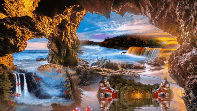 a painting of a waterfall in a cave with a couple sitting in the water