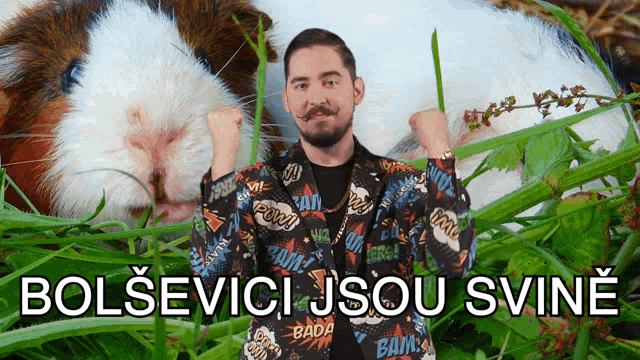 a man in a colorful jacket stands in front of a large guinea pig