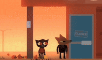 two cartoon characters are standing in front of a closed building