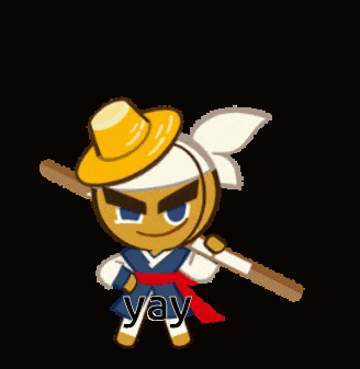 a cookie with a yellow hat is holding a wooden stick and the word yay is above him