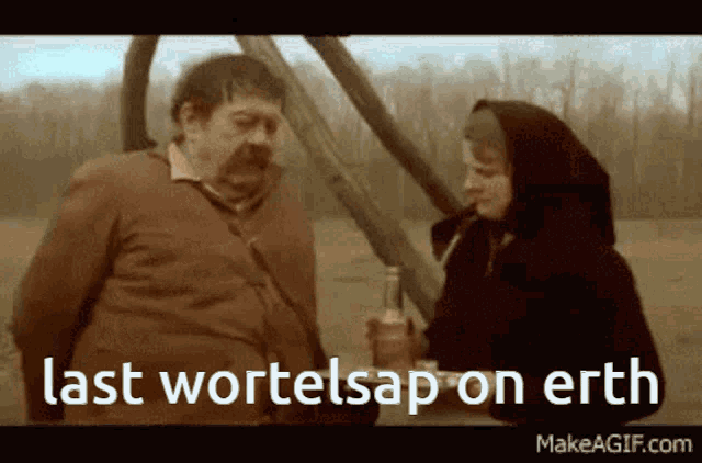 a man and a woman are standing next to each other and the woman is holding a bottle and the man is smoking a pipe