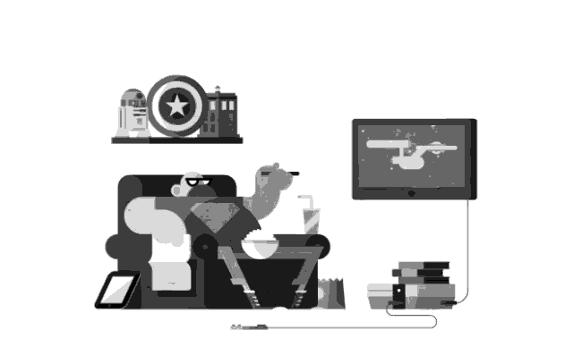 a black and white illustration of a man watching tv
