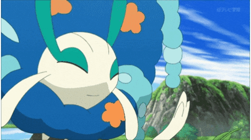 a cartoon drawing of a blue and white monster with orange flowers on its head