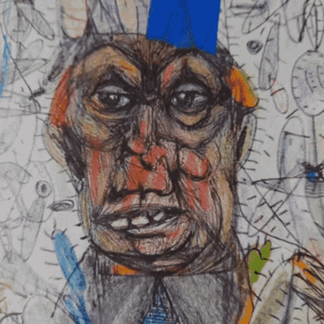 a drawing of a man with a blue hat