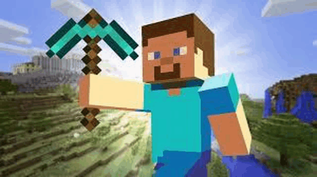 a minecraft character is holding a pickaxe in his hand .