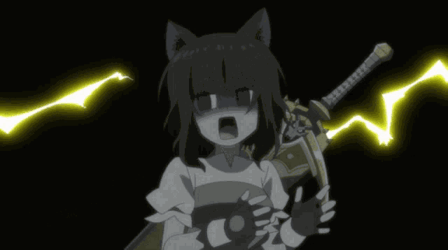 a girl with cat ears is holding a sword with a yellow light behind her