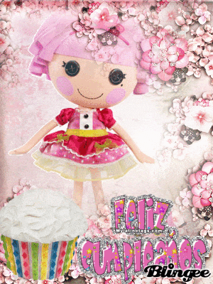 a birthday card with a doll and a cupcake that says feliz cumpleanos blingee