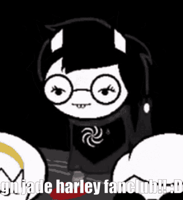 a cartoon character with glasses and the words go jade harley fanclub
